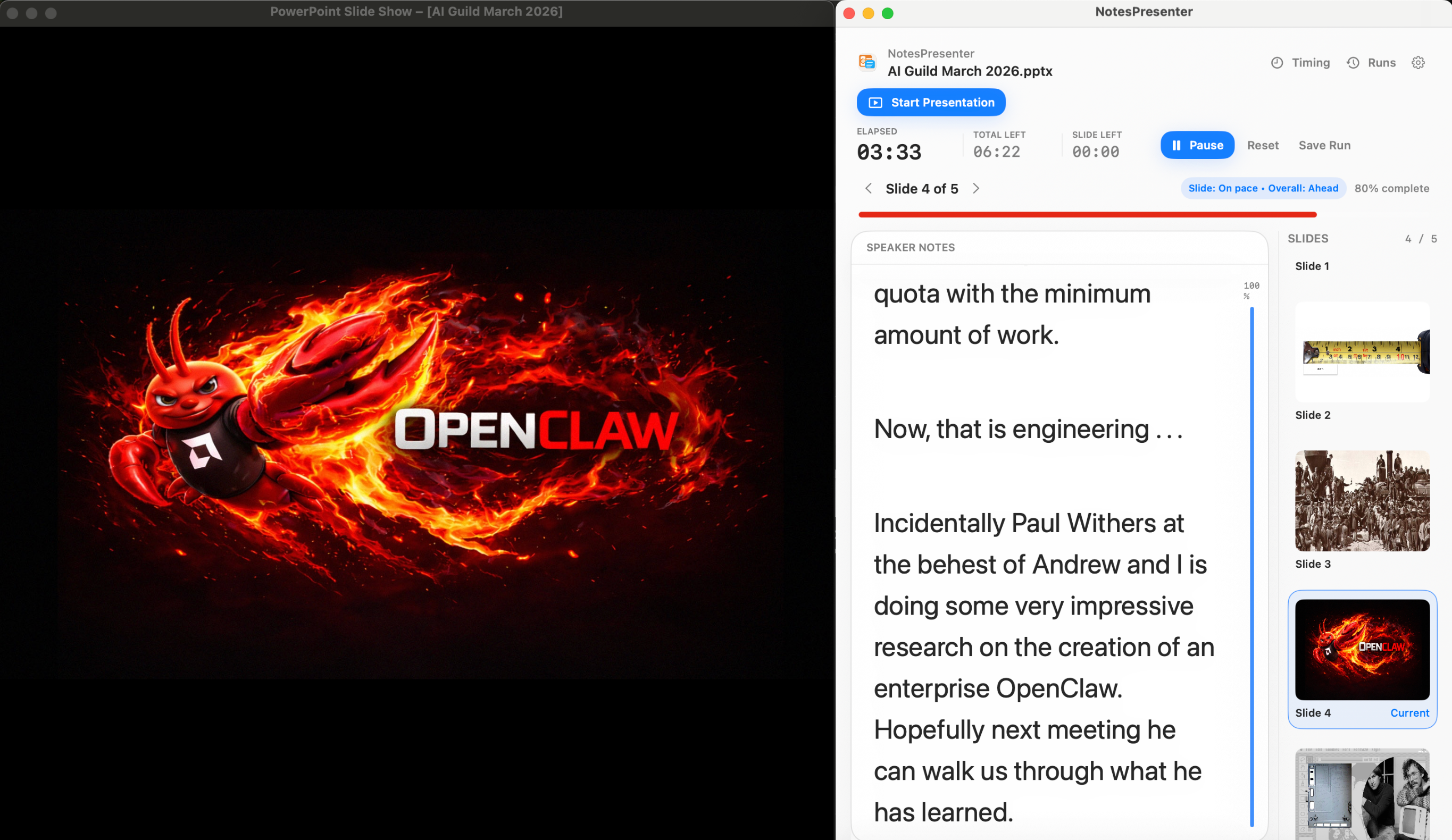 NotesPresenter workspace showing a PowerPoint deck opened with speaker notes and slide thumbnails.