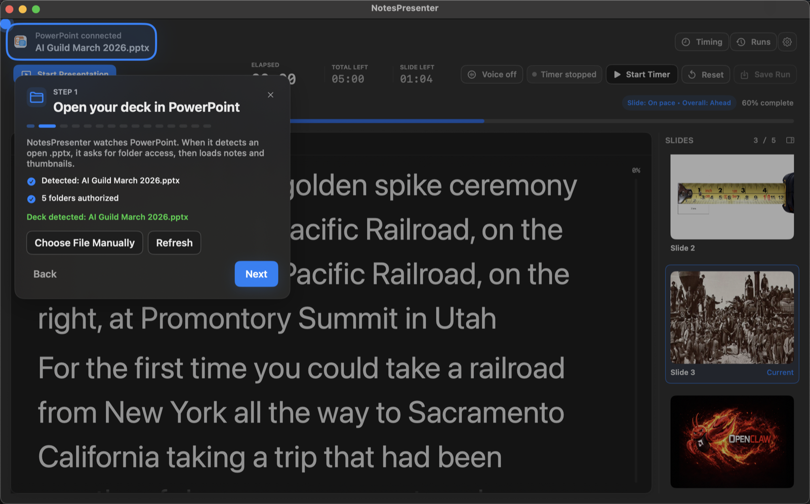NotesPresenter onboarding showing a connected PowerPoint deck.