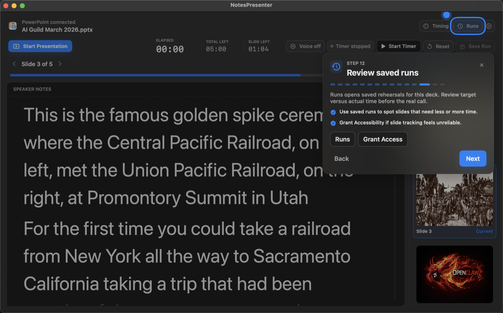 NotesPresenter onboarding showing saved rehearsal runs.