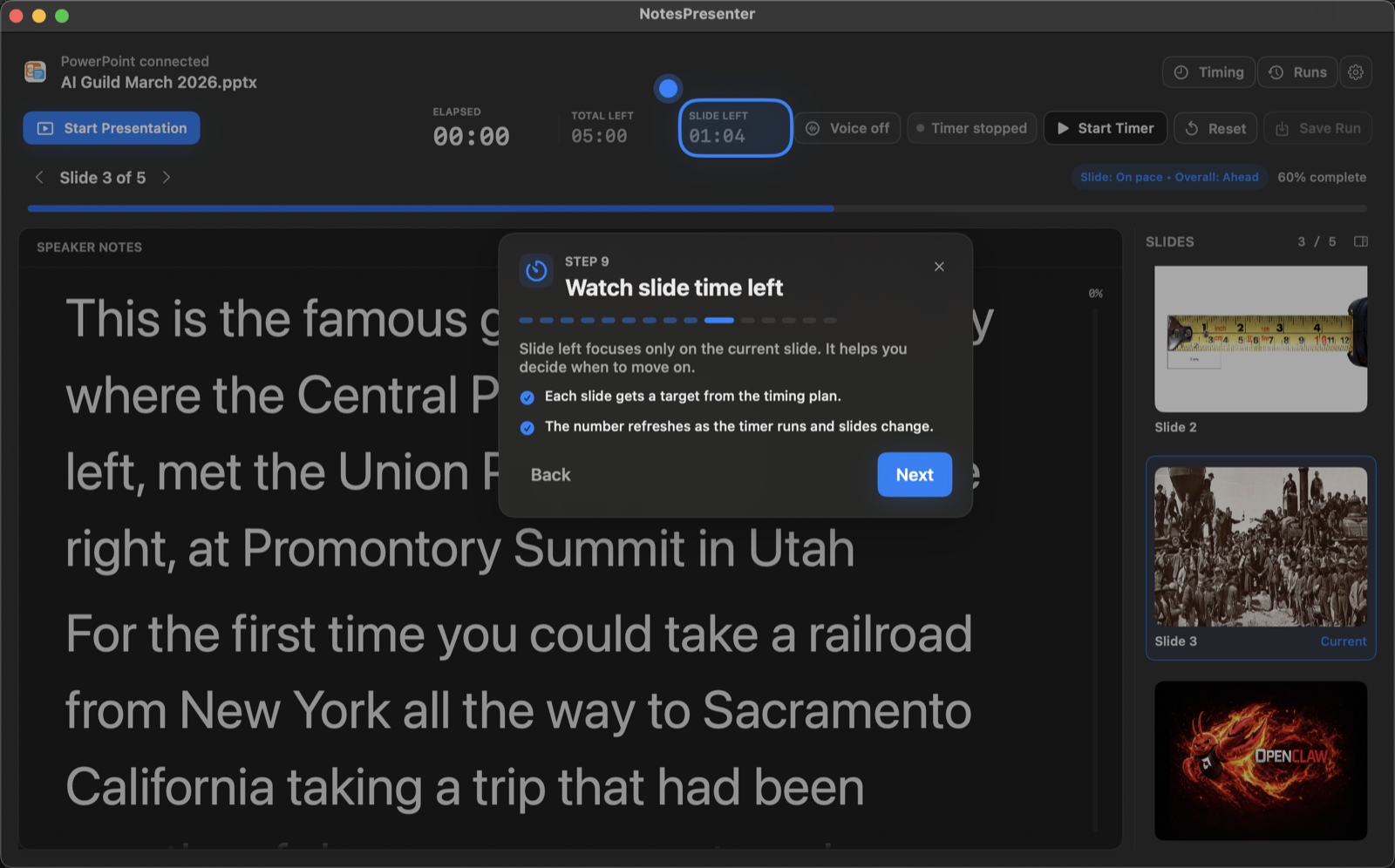 NotesPresenter onboarding showing slide time left and pacing status.
