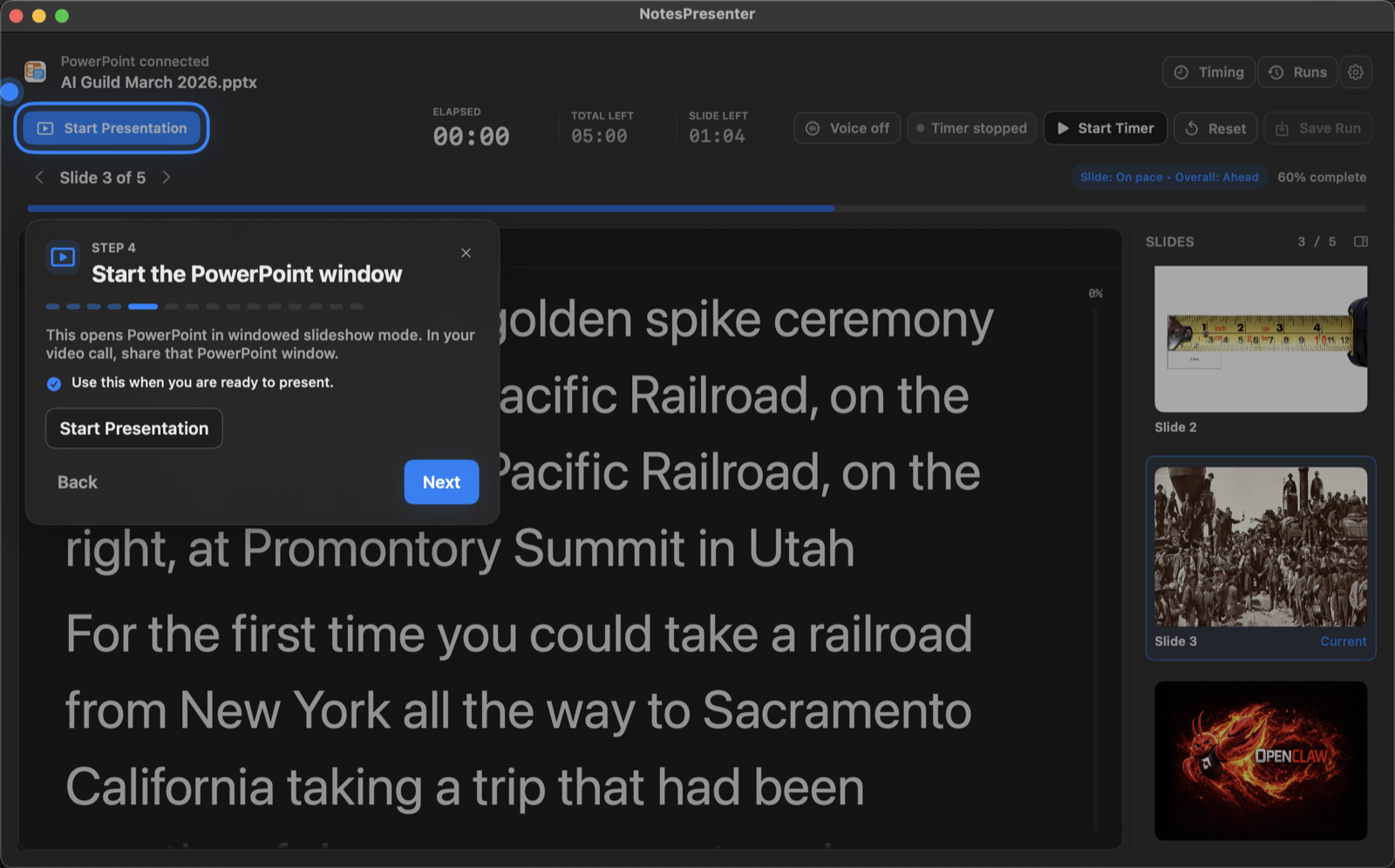 NotesPresenter onboarding showing the start presentation step.