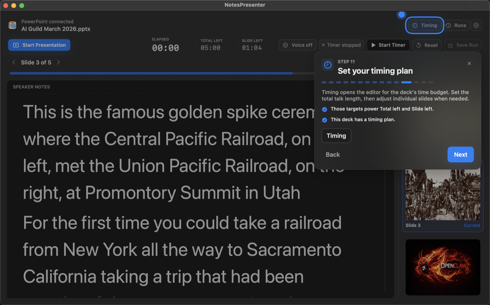 NotesPresenter onboarding showing the timing plan screen.