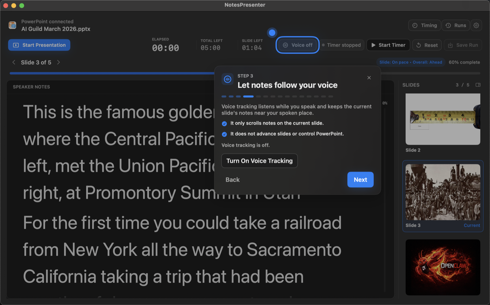 NotesPresenter onboarding explaining optional voice tracking for speaker notes.