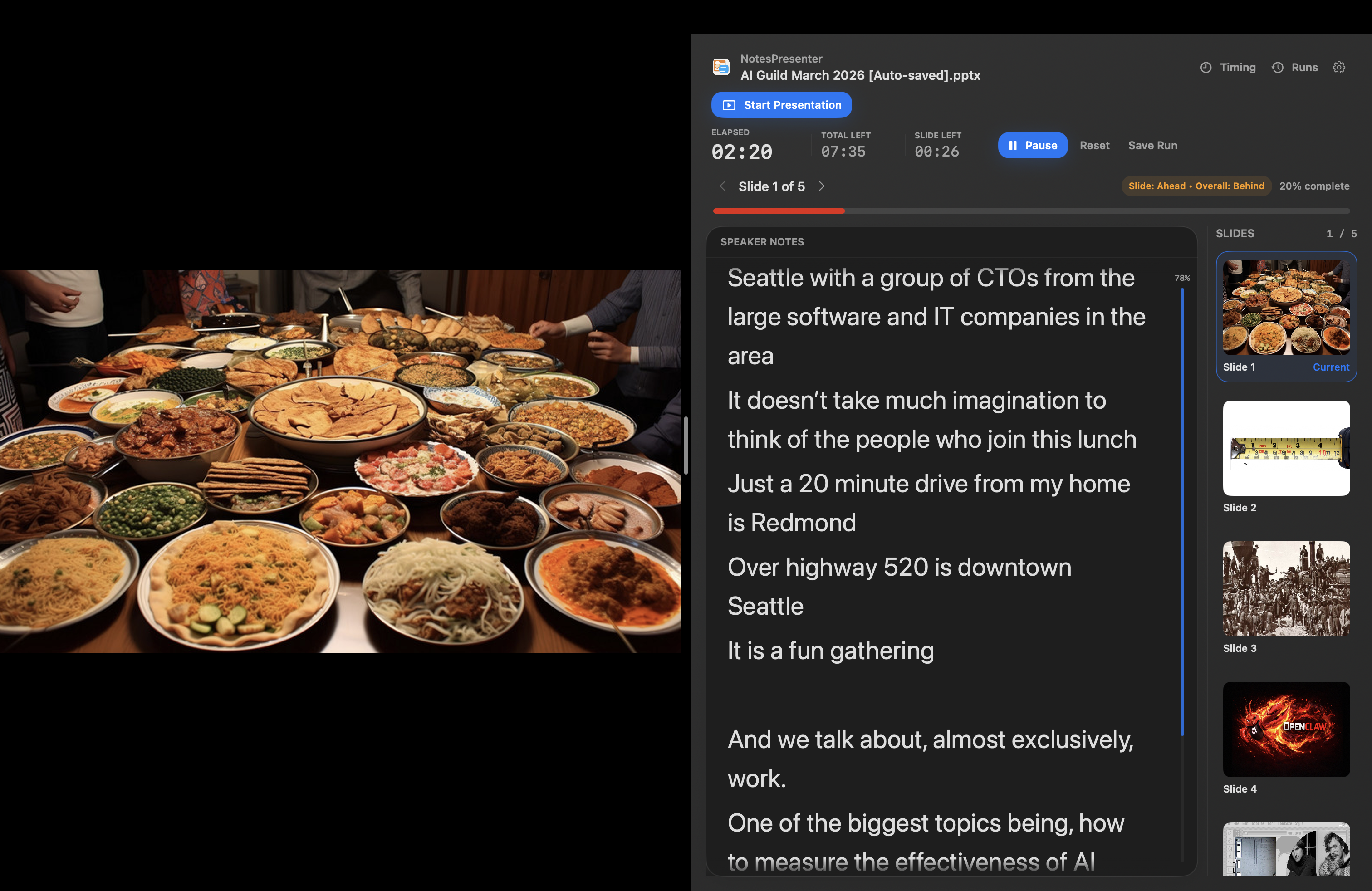 NotesPresenter running beside PowerPoint during a live presentation in dark mode.