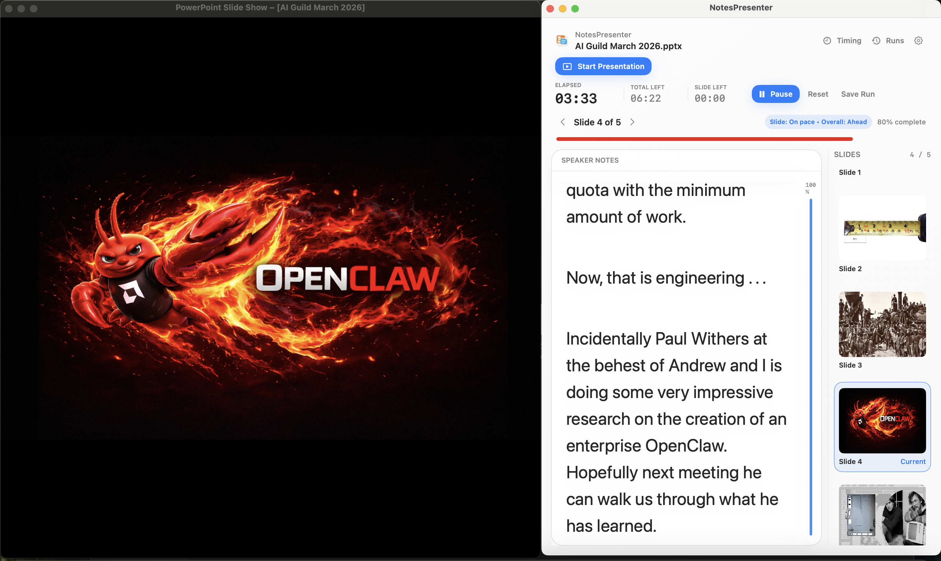 PowerPoint and NotesPresenter shown side by side on a single Mac screen in light mode.