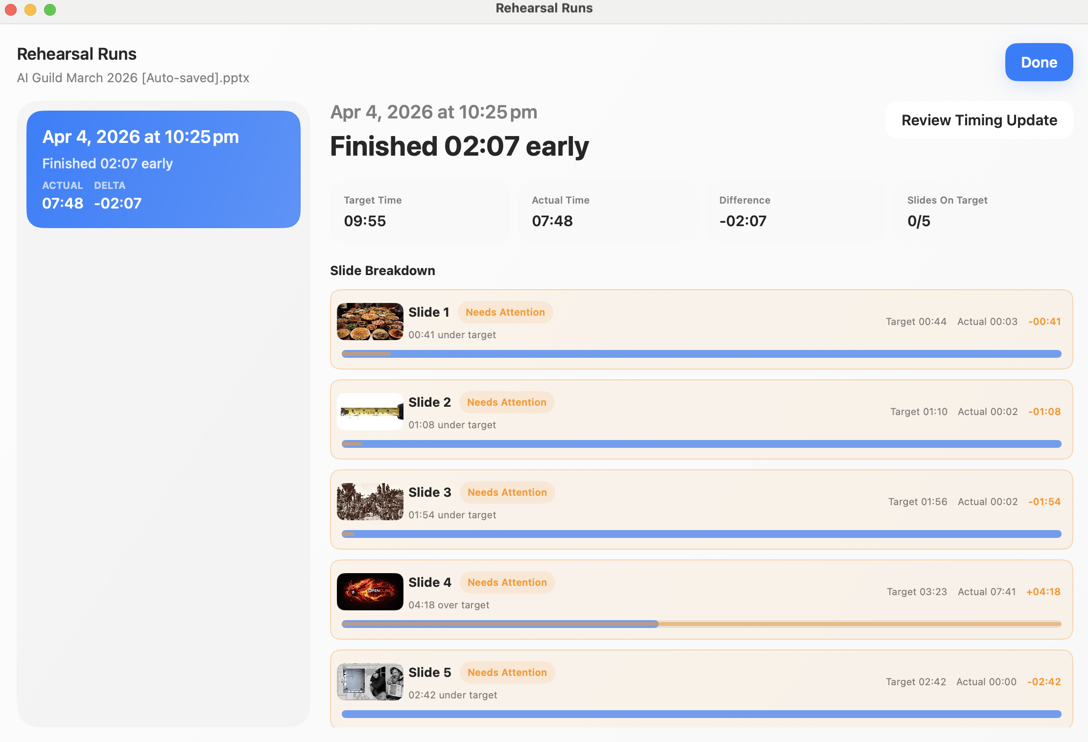 NotesPresenter rehearsal runs screen with target time, actual time, and per-slide timing breakdown.