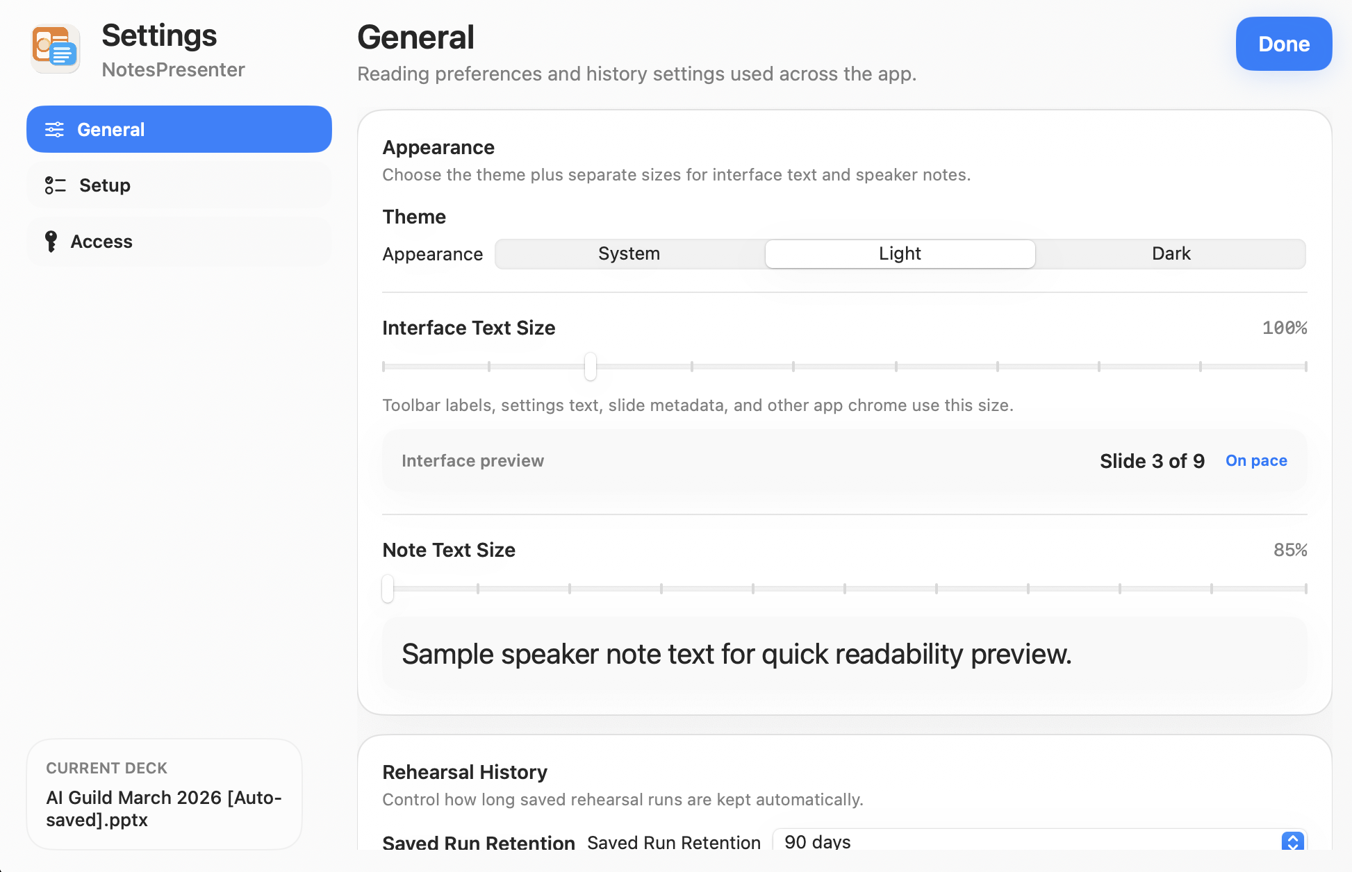 NotesPresenter settings screen with appearance and speaker note text size controls in light mode.