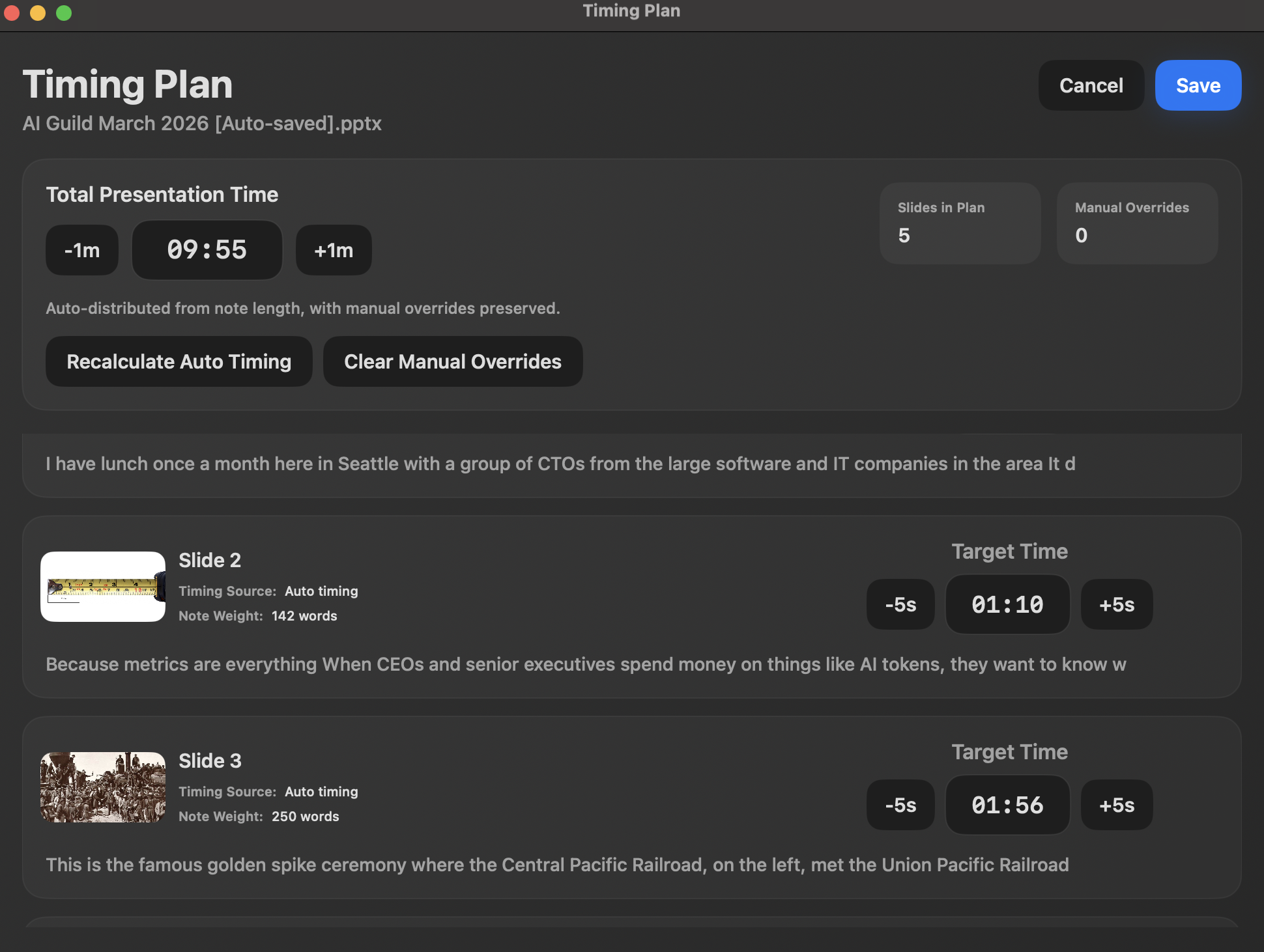 NotesPresenter timing plan screen with total presentation time and per-slide targets.